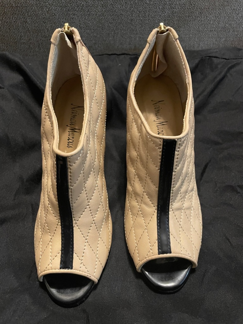 Neiman Marcus Beige Quilted Open-Toe Ankle Boots with Black Trim